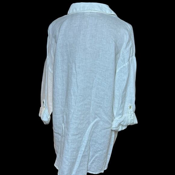 MAGASCHONI Linen Top Sz‎ L Roll Tab Sleeve Collared Button Up Big Pockets White - Picture 2 of 9